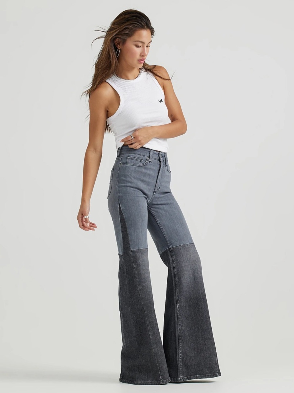 LEE Janet Flare Jeans High-Waist Two-Tone Denim Wide Leg Gray Black